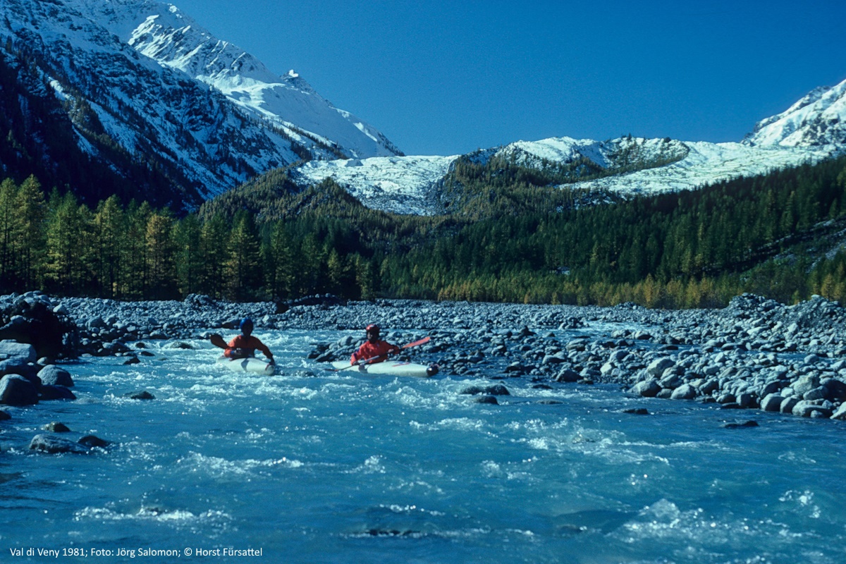 Paddling Dora di Veny (Aosta, Italy). Jörg Salomon, Norbert Schönamsgruber, Horst Fürsattel 1981