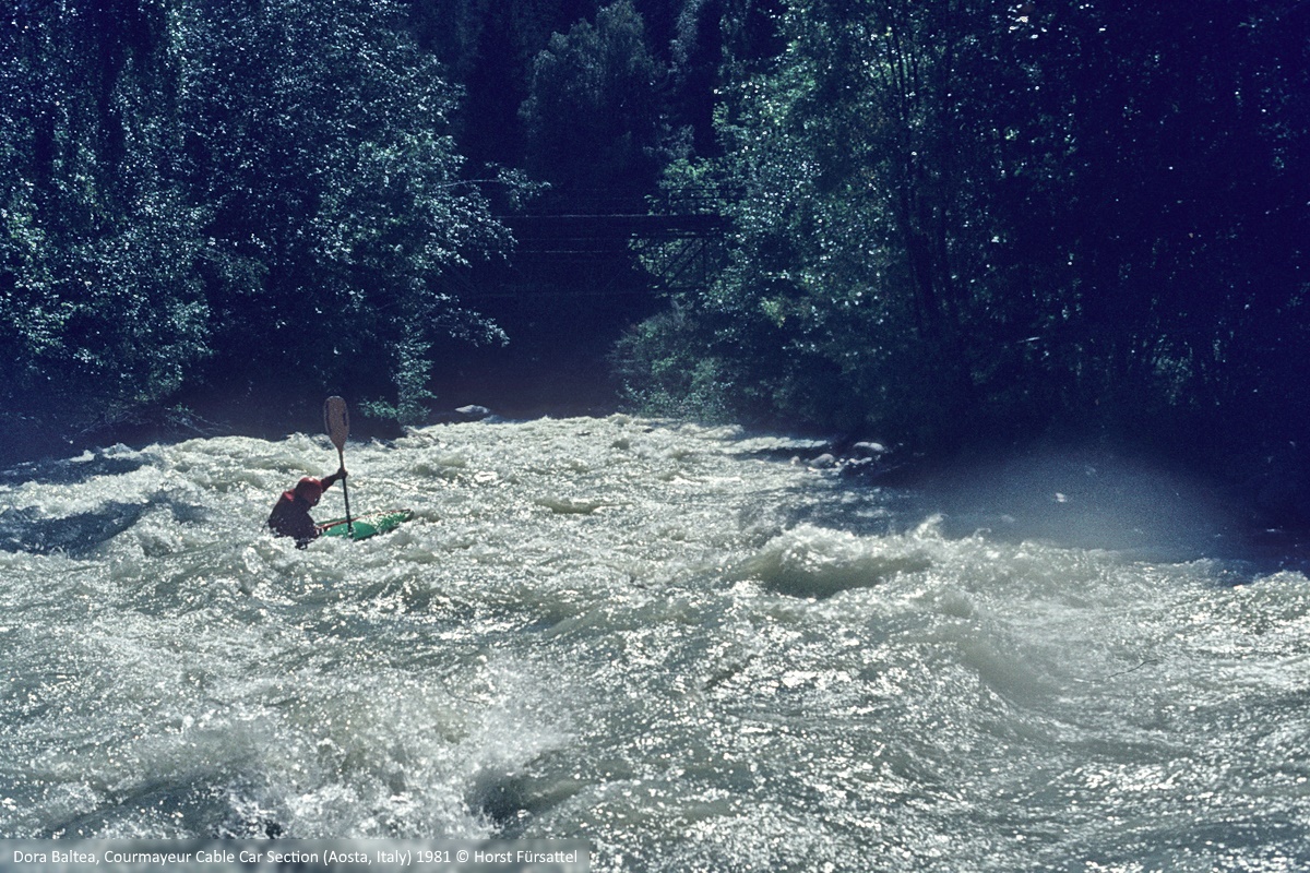 Paddling Kayaking Dora Baltea, Courmayeur, Cable Car Section 1981. Paddler: Jörg Salomon