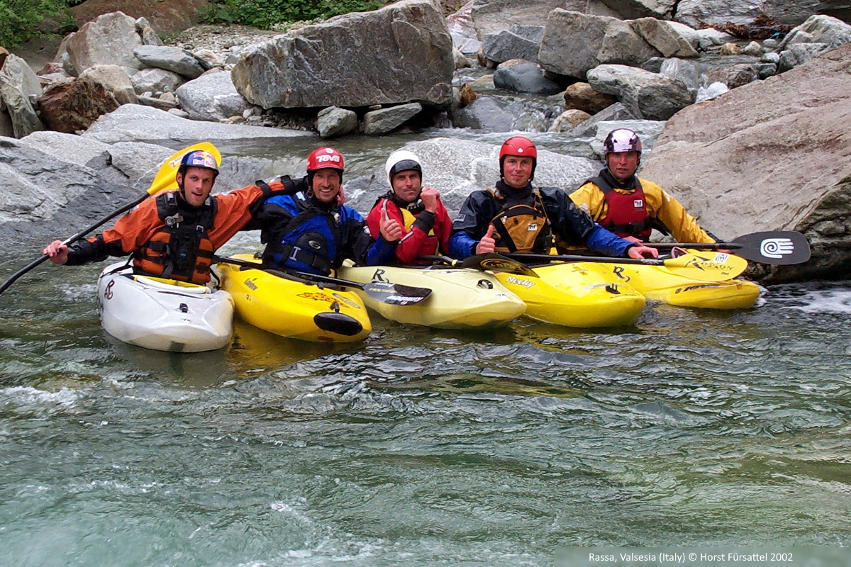 Ben Brown, Francesco Salvato, Corran Addison, Olaf Obsommer, Arnd Schäftlein after paddling the Sorba river down to Rassa