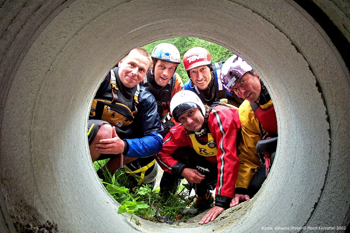 Ben Brown, Francesco Salvato, Corran Addison, Olaf Obsommer, Arnd Schäftlein after paddling the Sorba river down to Rassa in 2002