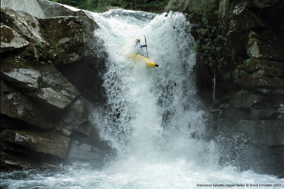 Francesco Salvato paddling the upper Sorba river in Italy