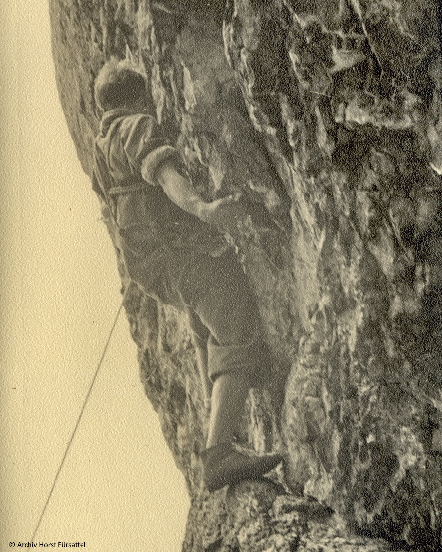 Kurt Fürsattel beim Klettern am Student im Pegnitztal, Hersbrucker Schweiz (Frankenjura)